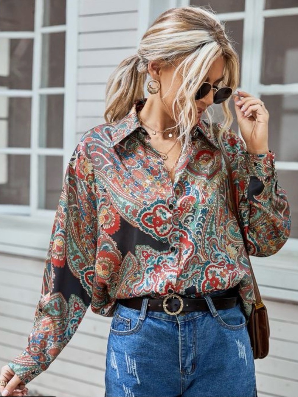ZARA Women's Paisley Satin Button-Up Blouse - Multicolor